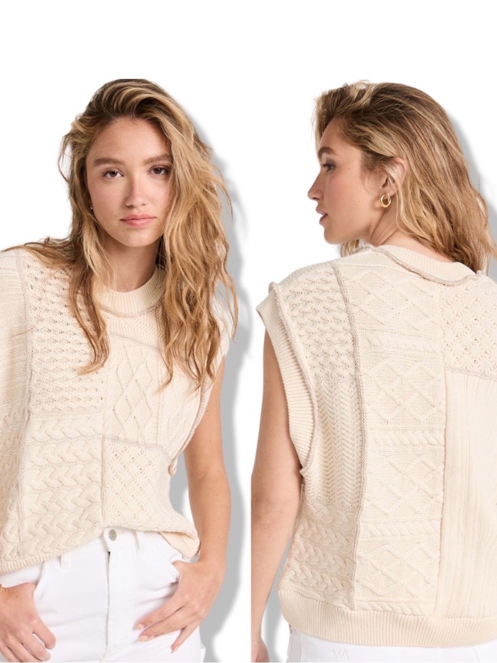 Free People Cream Cable Patchwork Sleeveless Sweater Vest